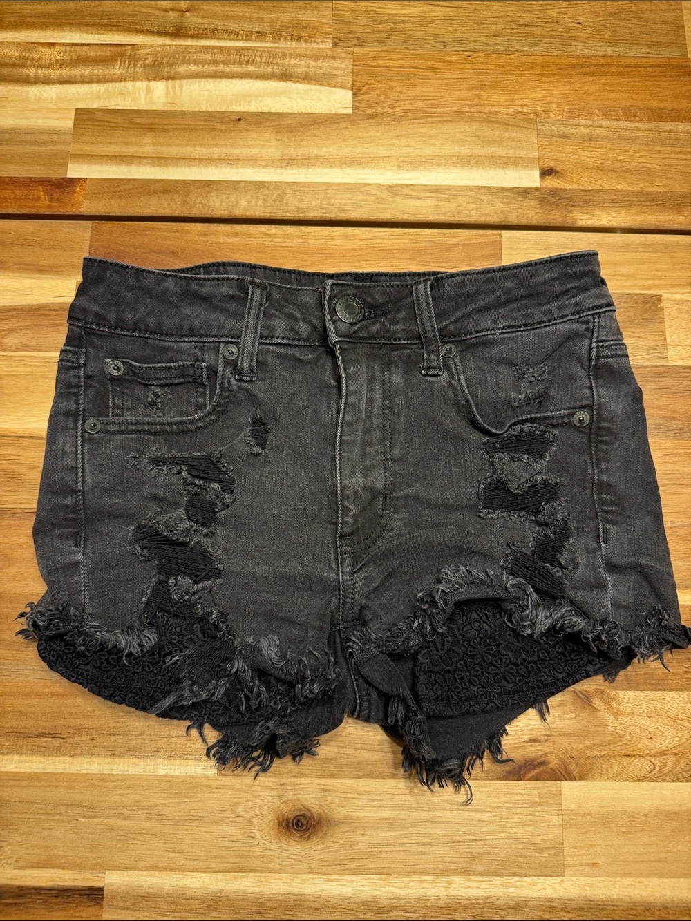 American Eagle Black Distressed Denim Jean Shorts with Crocheted Detail